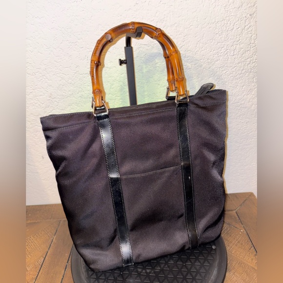 Gucci Bamboo Handle Black Nylon Tote Bag + Matching Wallet Y2K Italy Authentic - Picture 5 of 10